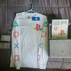 Sony Playstation long sleeve shirt, pins stickers, Keychain, bottle opener,box